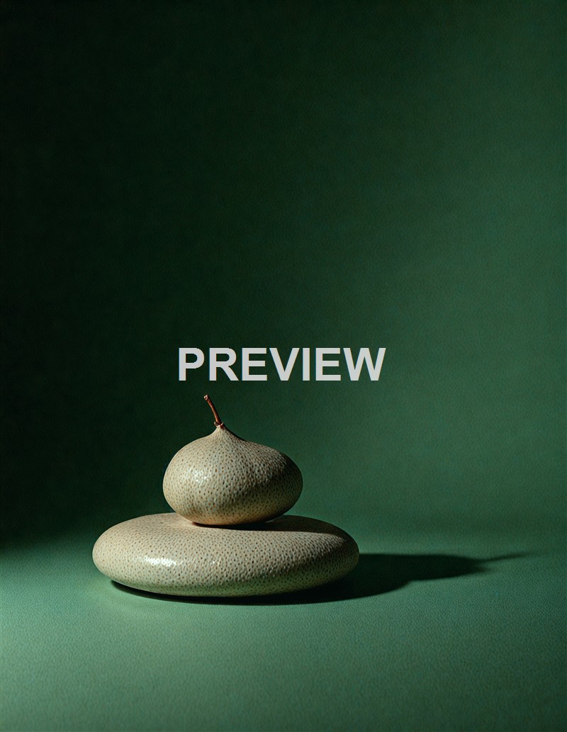 A pear-shaped fruit with a textured surface is placed on top of a smooth, flat stone, both casting shadows on a green background.